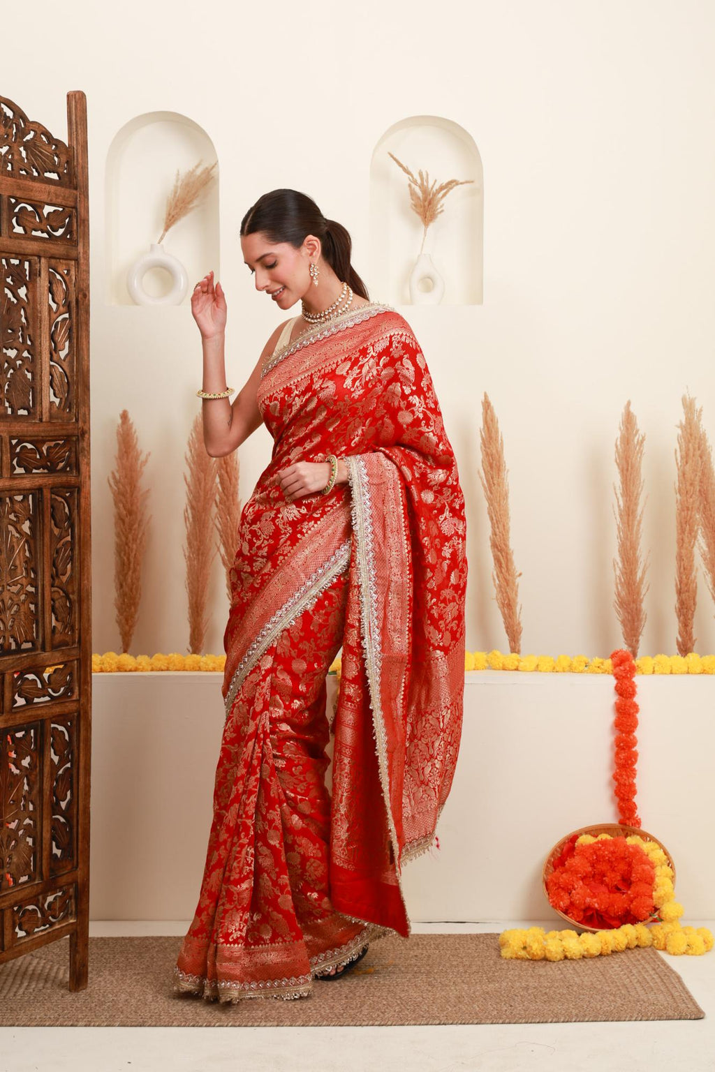 Red Gold Floral Banarasi-Style Saree