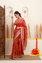 Red Gold Floral Banarasi-Style Saree