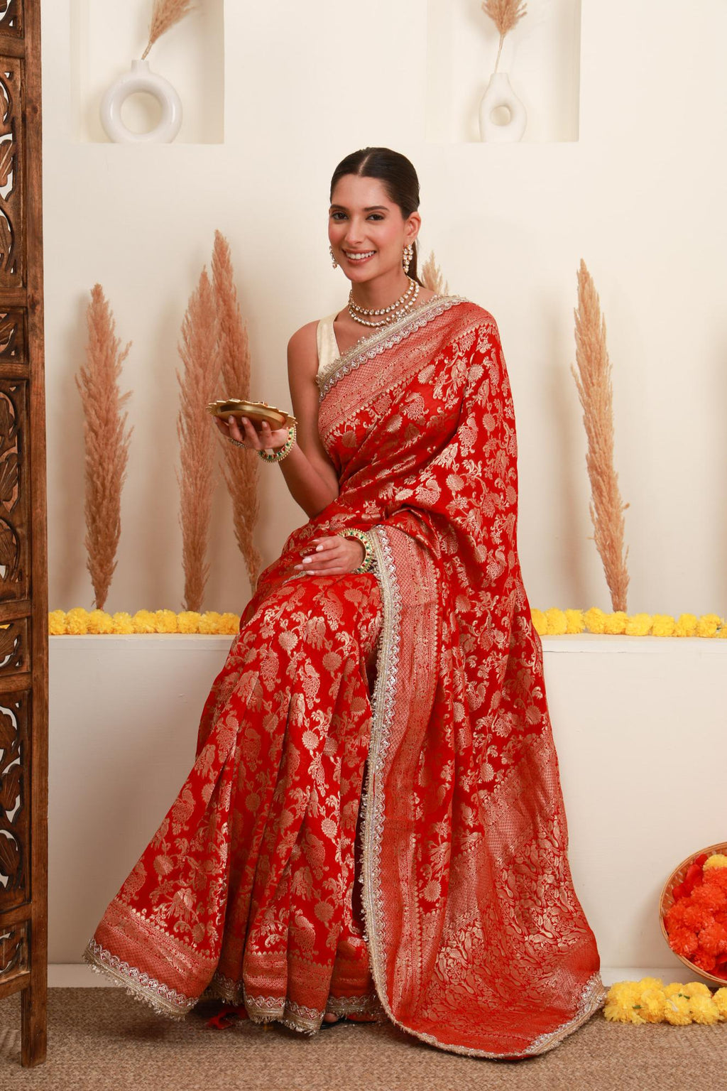 Red Gold Floral Banarasi-Style Saree