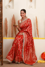 Red Gold Floral Banarasi-Style Saree