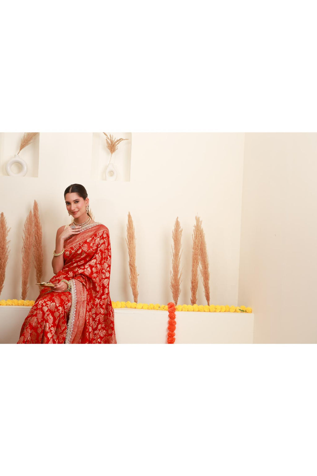 Red Gold Floral Banarasi-Style Saree