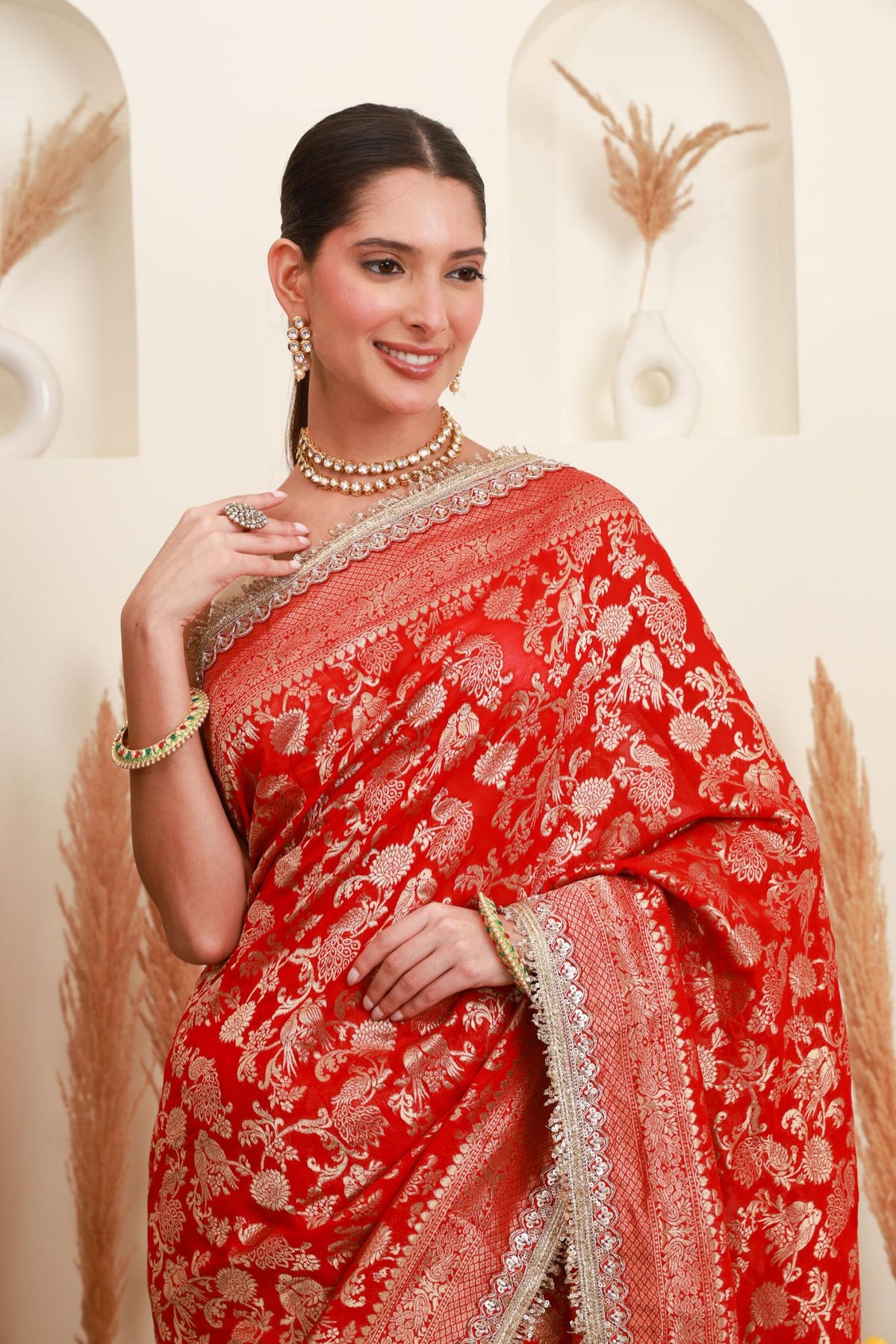 Red Gold Floral Banarasi Saree Front Zoom