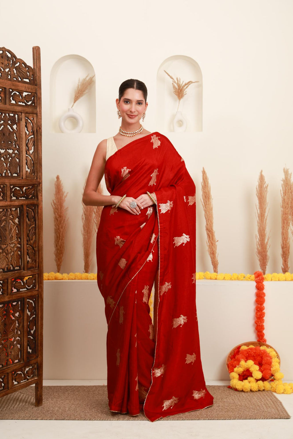 Red gold traditional motif saree for women