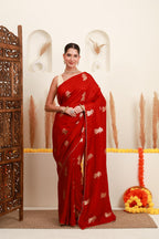 Red gold traditional motif saree for women