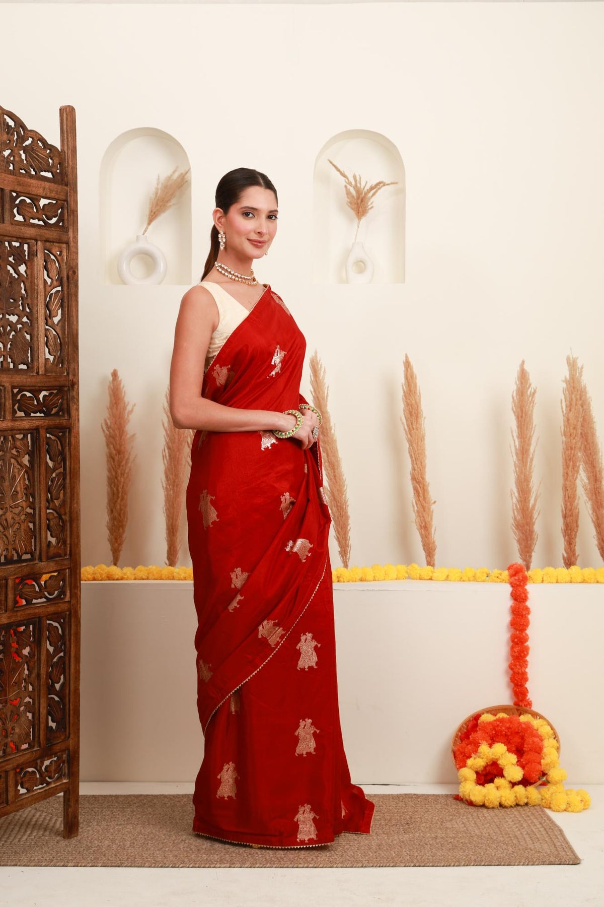 Red Gold Traditional Motif Saree Left