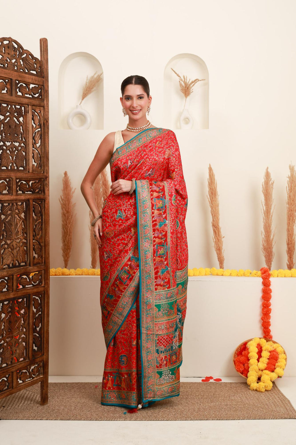 Red multicolour printed saree for women with traditional border