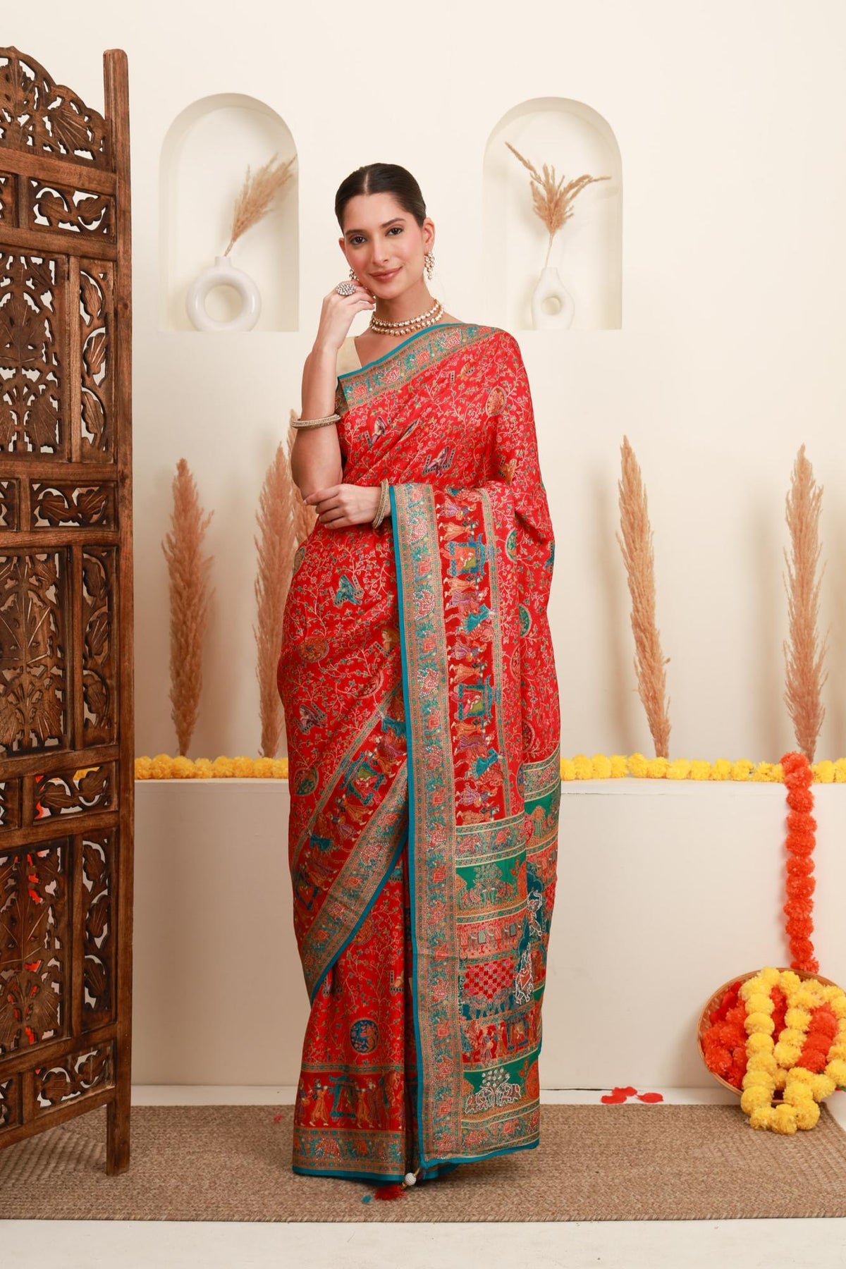 Red Multicolour Traditional Printed Saree