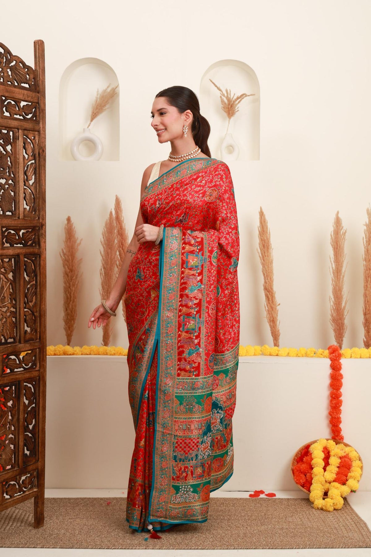 Red Multicolour Traditional Printed Saree