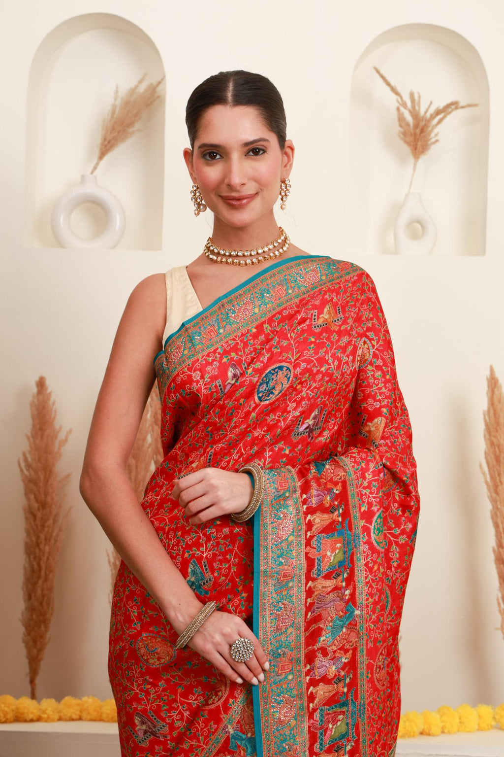 Red Multicolour Traditional Printed Saree