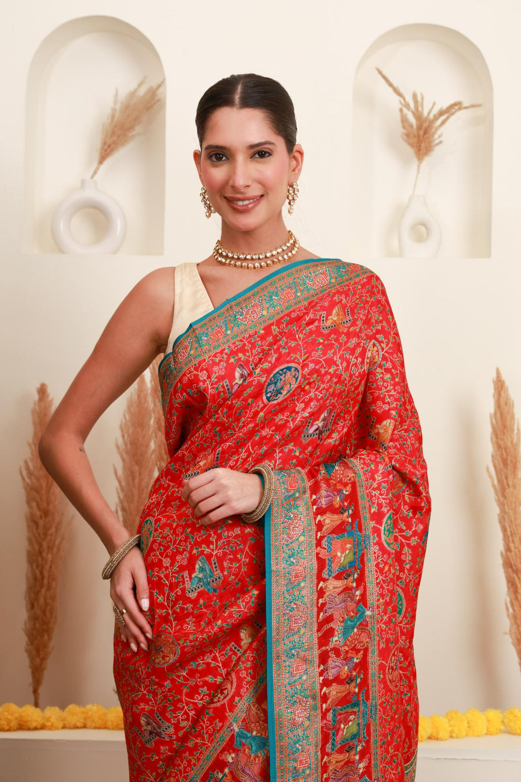 Red Multicolour Traditional Printed Saree
