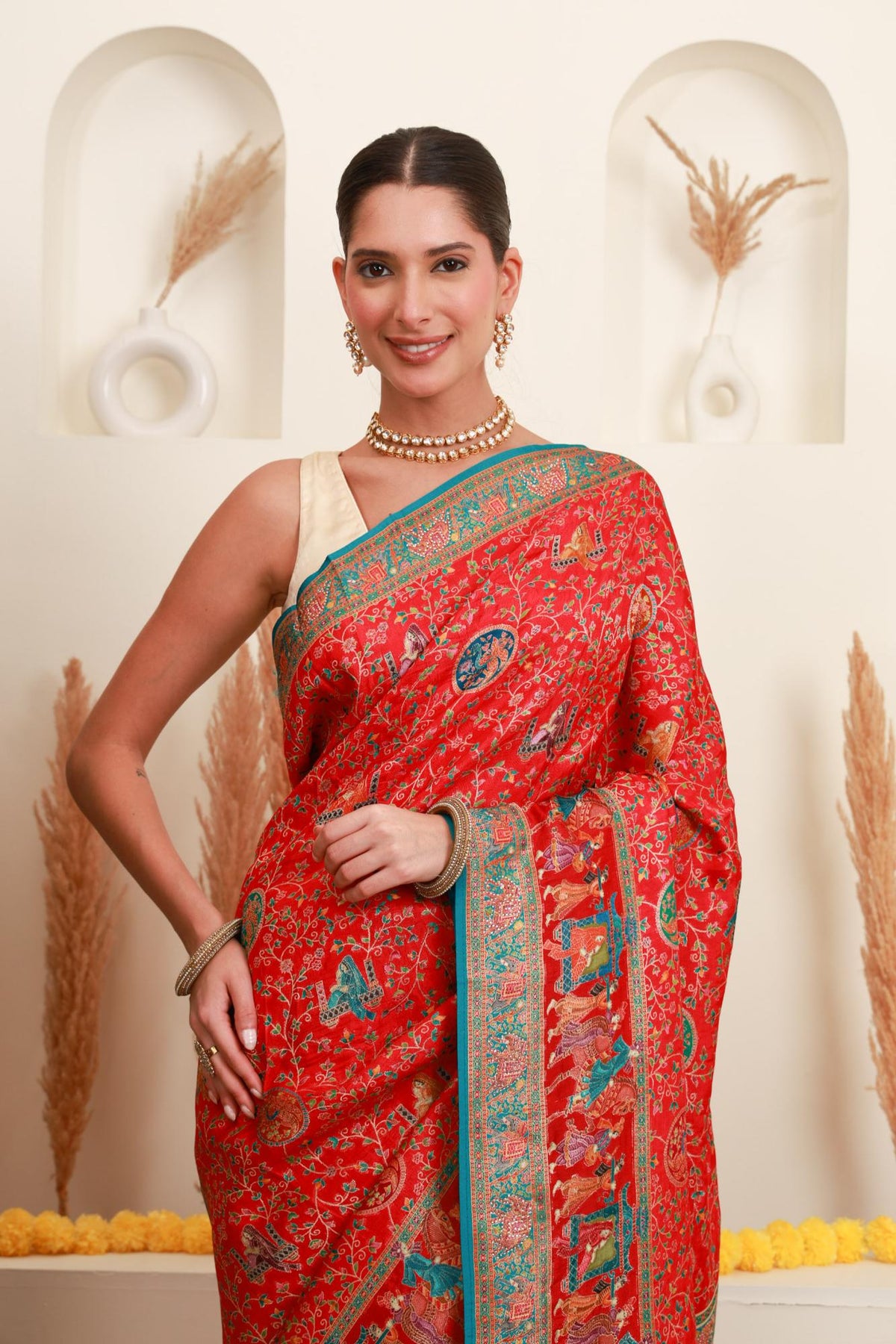 Red Multicolour Traditional Printed Saree