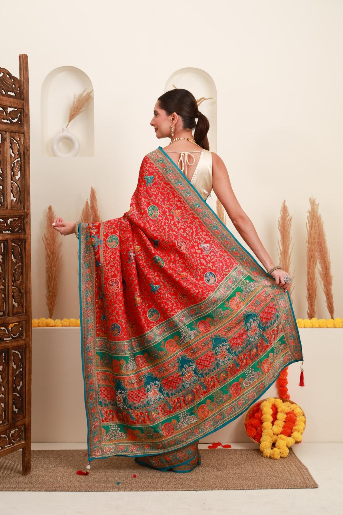 Red Multicolour Traditional Printed Saree
