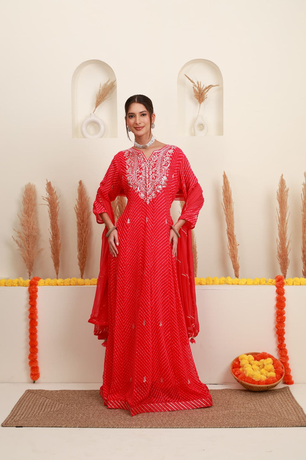 Red printed embroidered flared kurta with dupatta