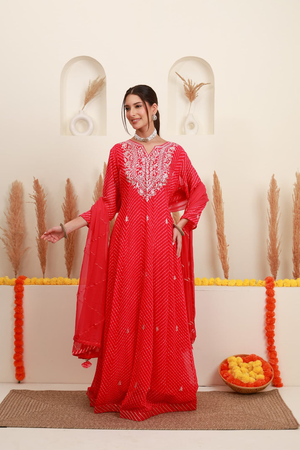 Red printed embroidered flared kurta with dupatta2