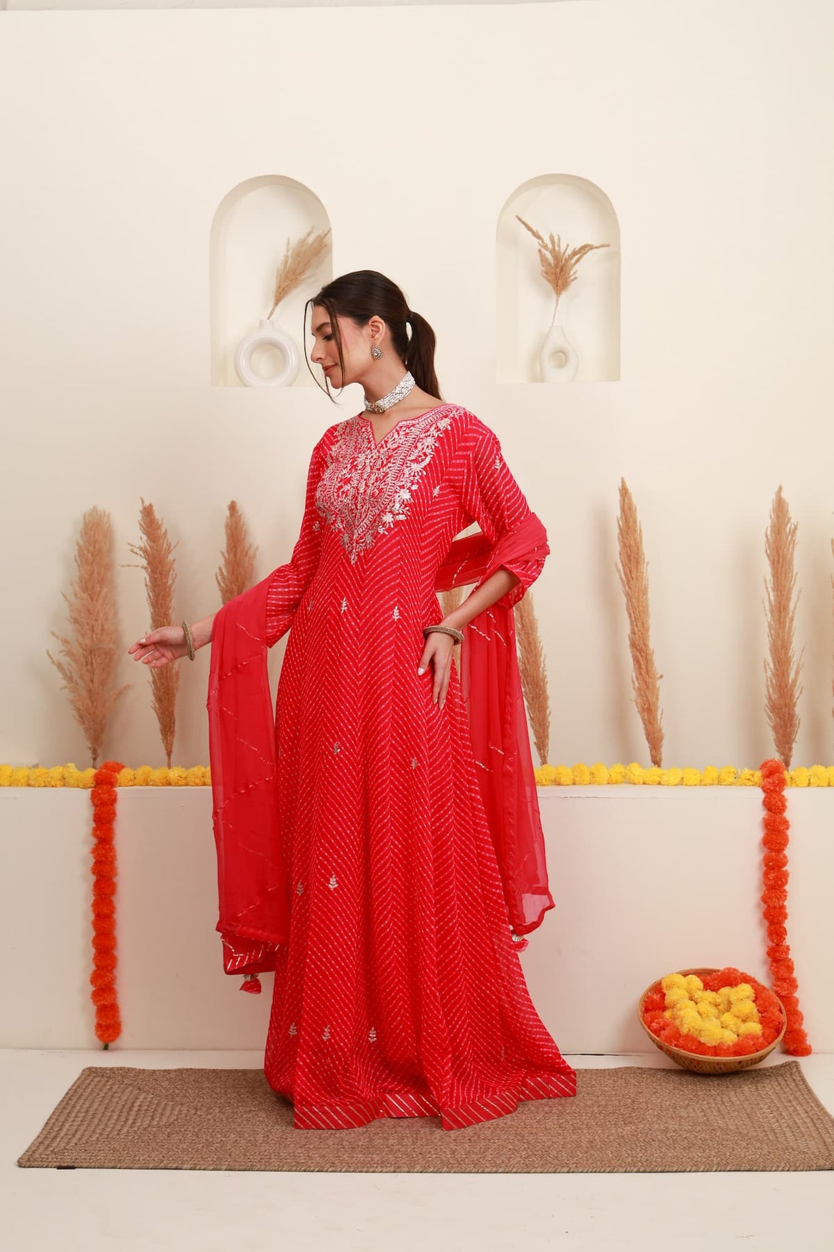 Red printed embroidered flared kurta with dupatta3