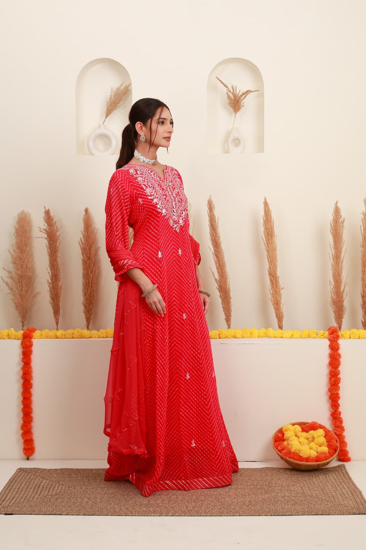 Red printed embroidered flared kurta with dupatta4