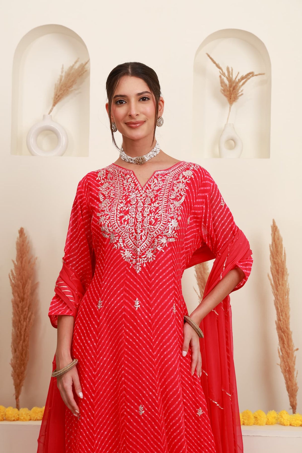 Red printed embroidered flared kurta with dupatta5