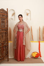 Rose pink embroidered cape set for women with beige sheer cape