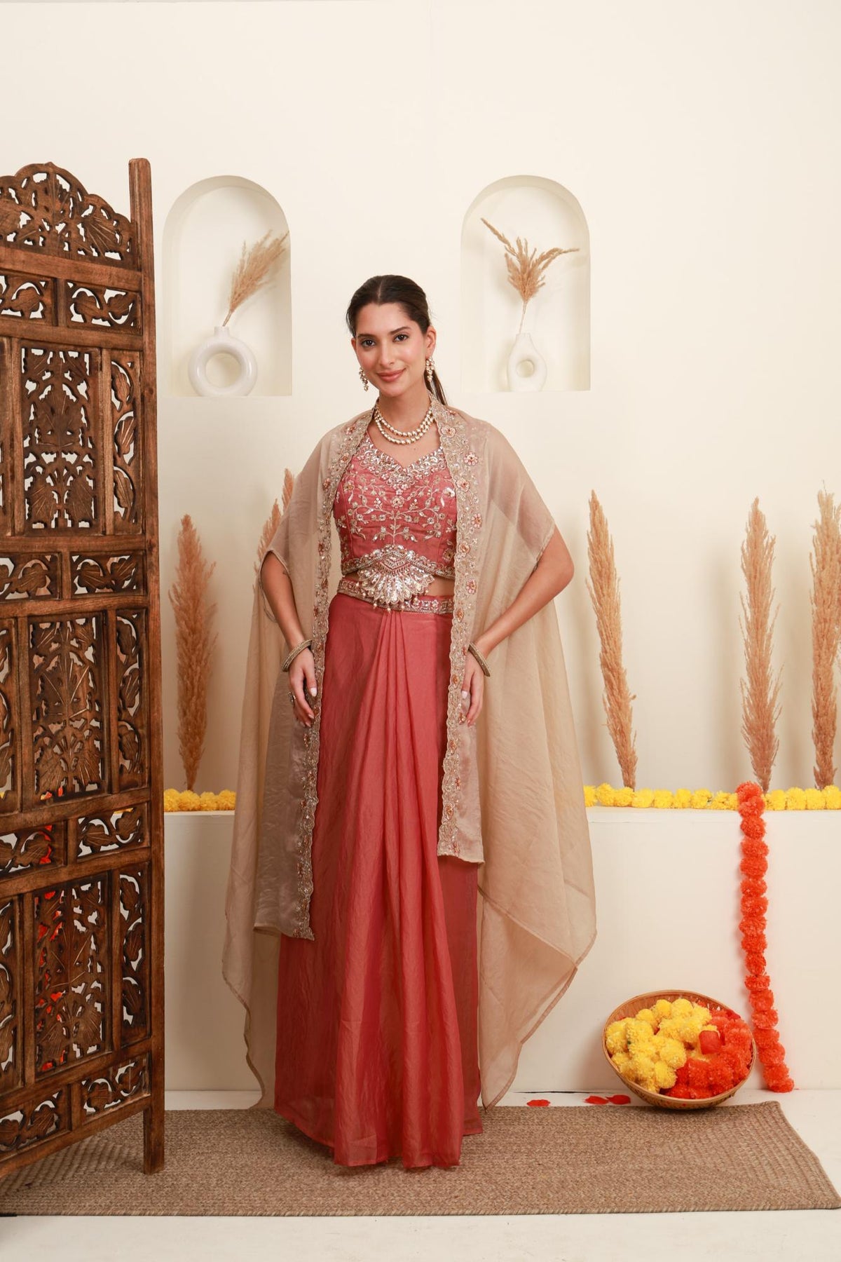 Rose pink embroidered cape set for women with beige sheer cape