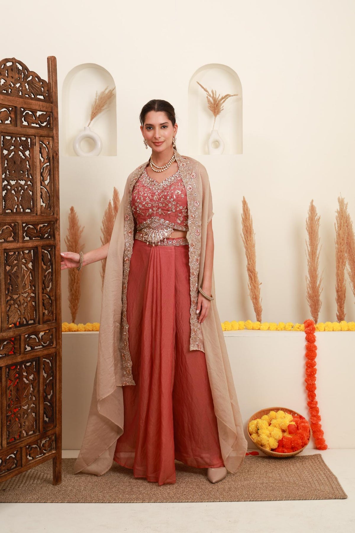 Rose Pink Embroidered Cape Set for Women