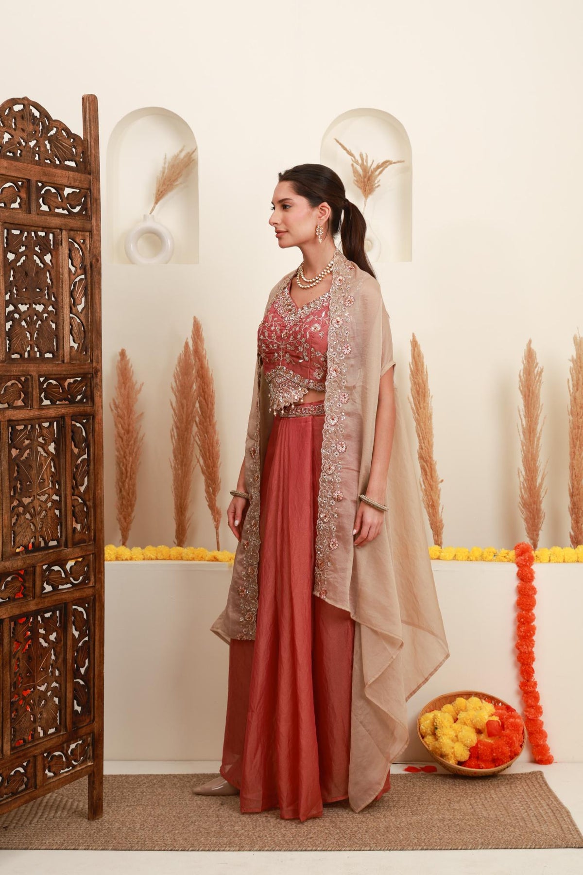 Rose Pink Embroidered Cape Set for Women