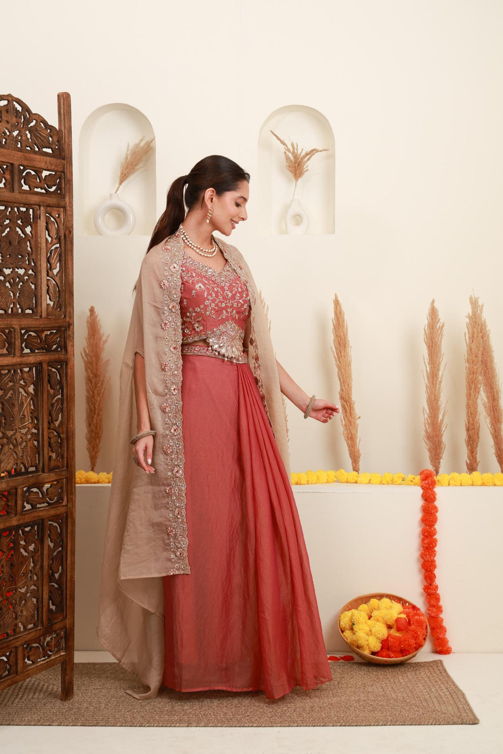 Rose Pink Embroidered Cape Set for Women
