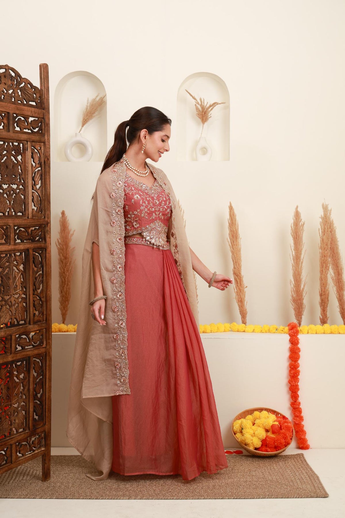 Rose Pink Embroidered Cape Set for Women