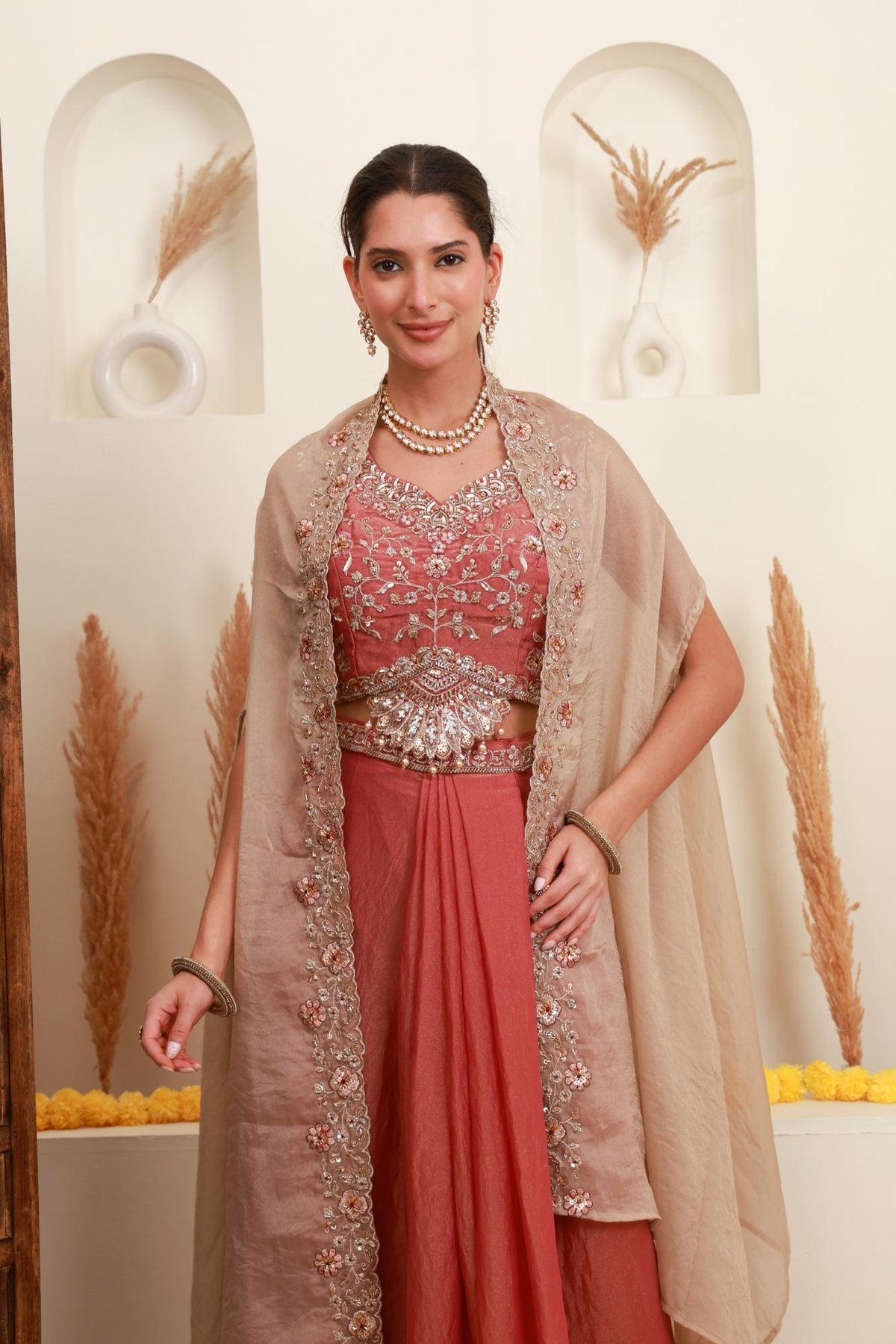 Rose Pink Embroidered Cape Set for Women