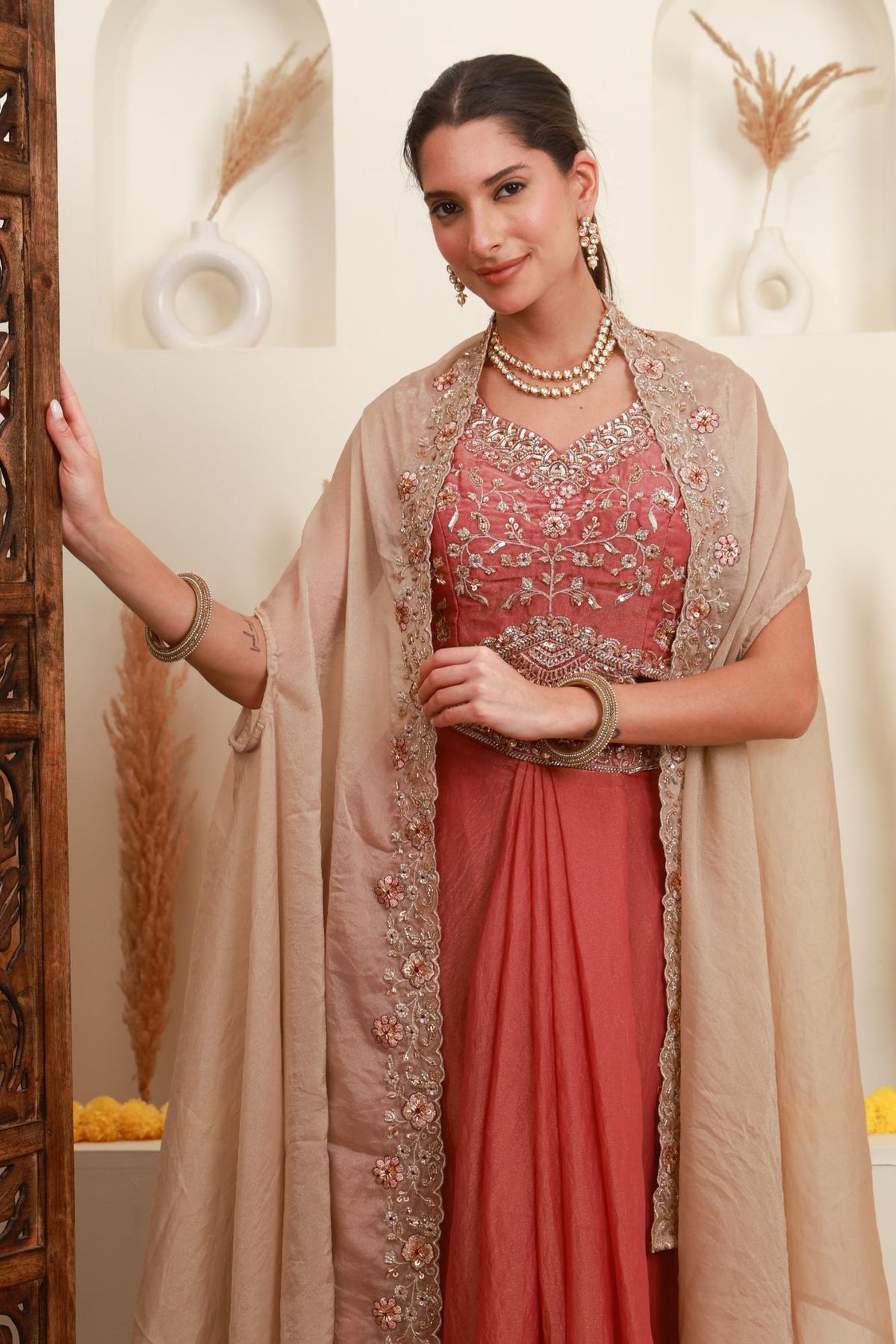 Rose Pink Embroidered Cape Set for Women