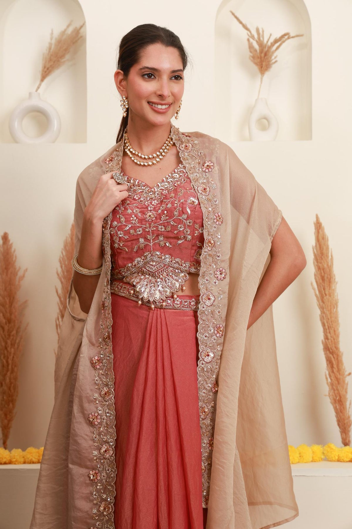 Rose Pink Embroidered Cape Set for Women