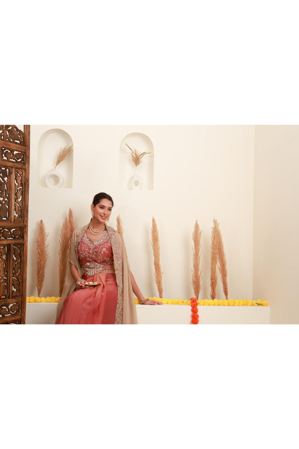 Rose Pink Embroidered Cape Set for Women