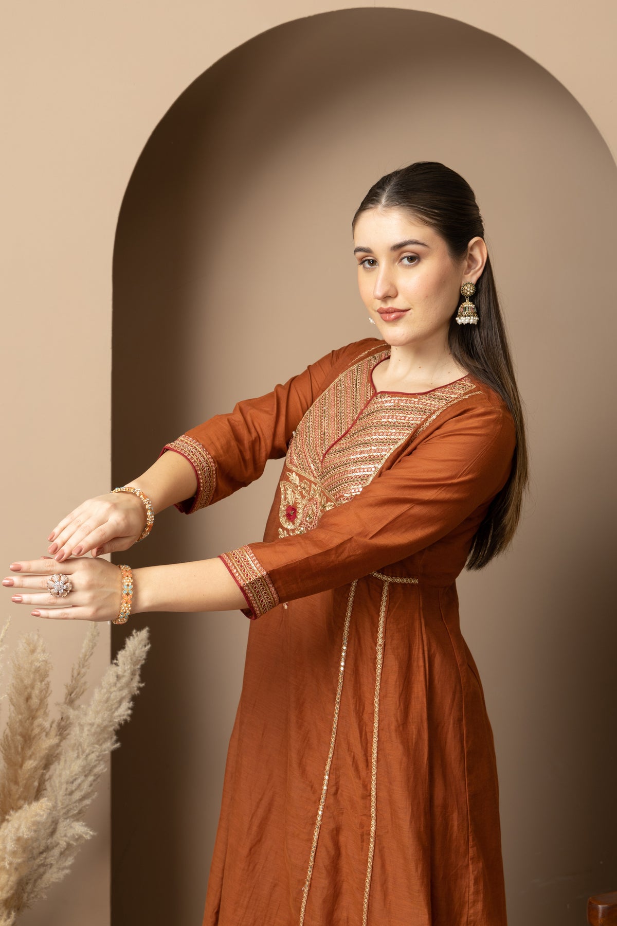 Rust Brown Embroidered Anarkali Suit Set with Dupatta Shoulder Design 