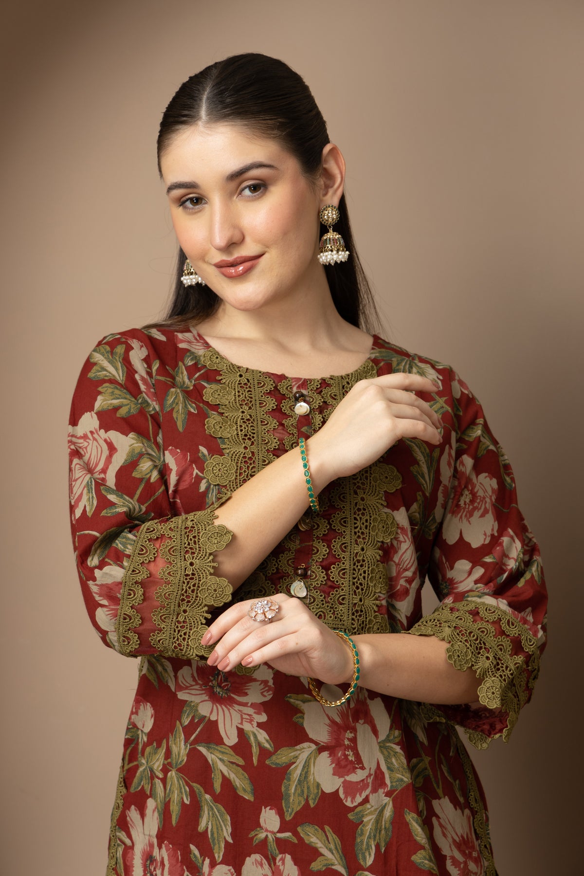 Rust Floral Printed Kurta Design