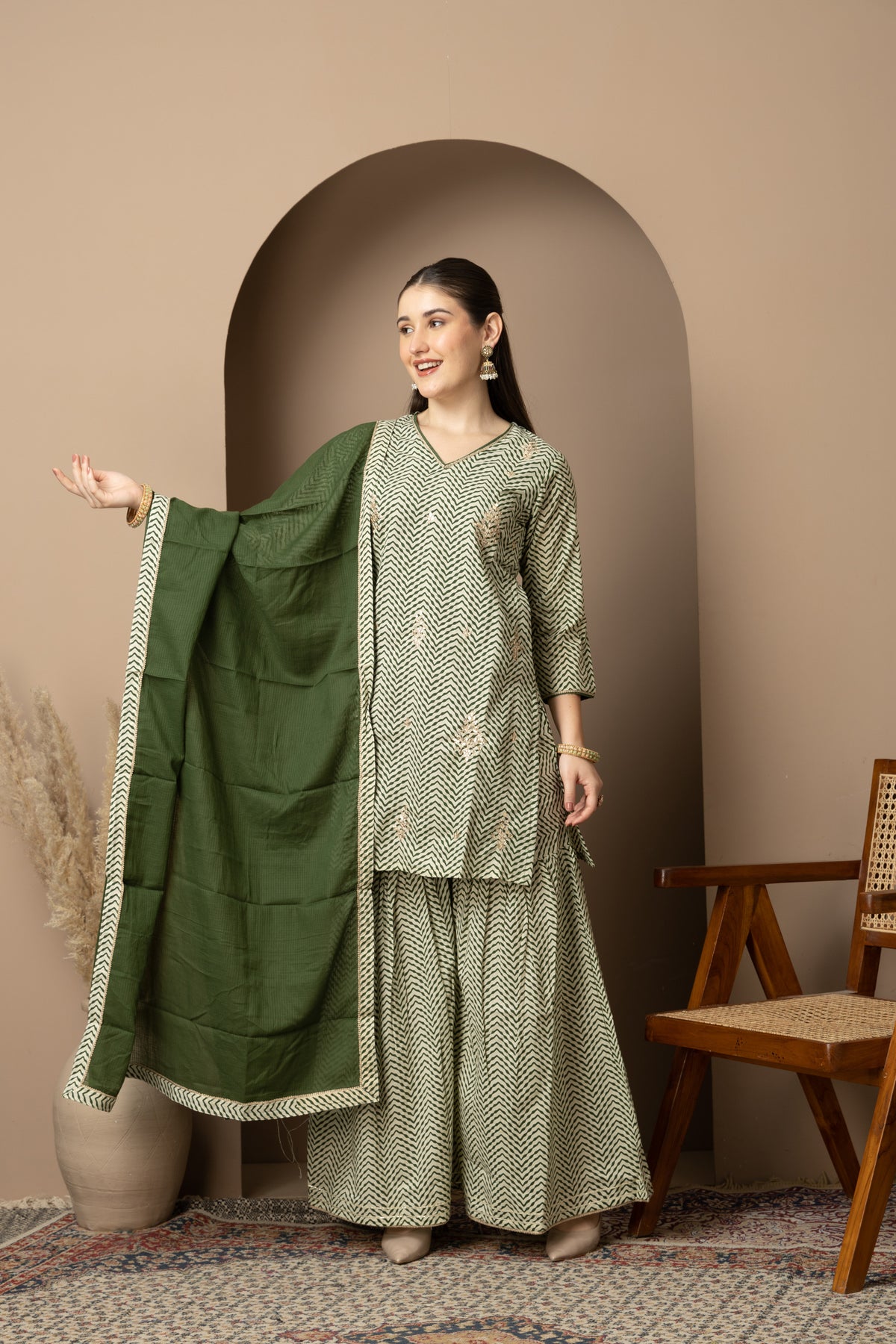 Sage Green Chevron Printed Kurta Dupatta & Sharara Set