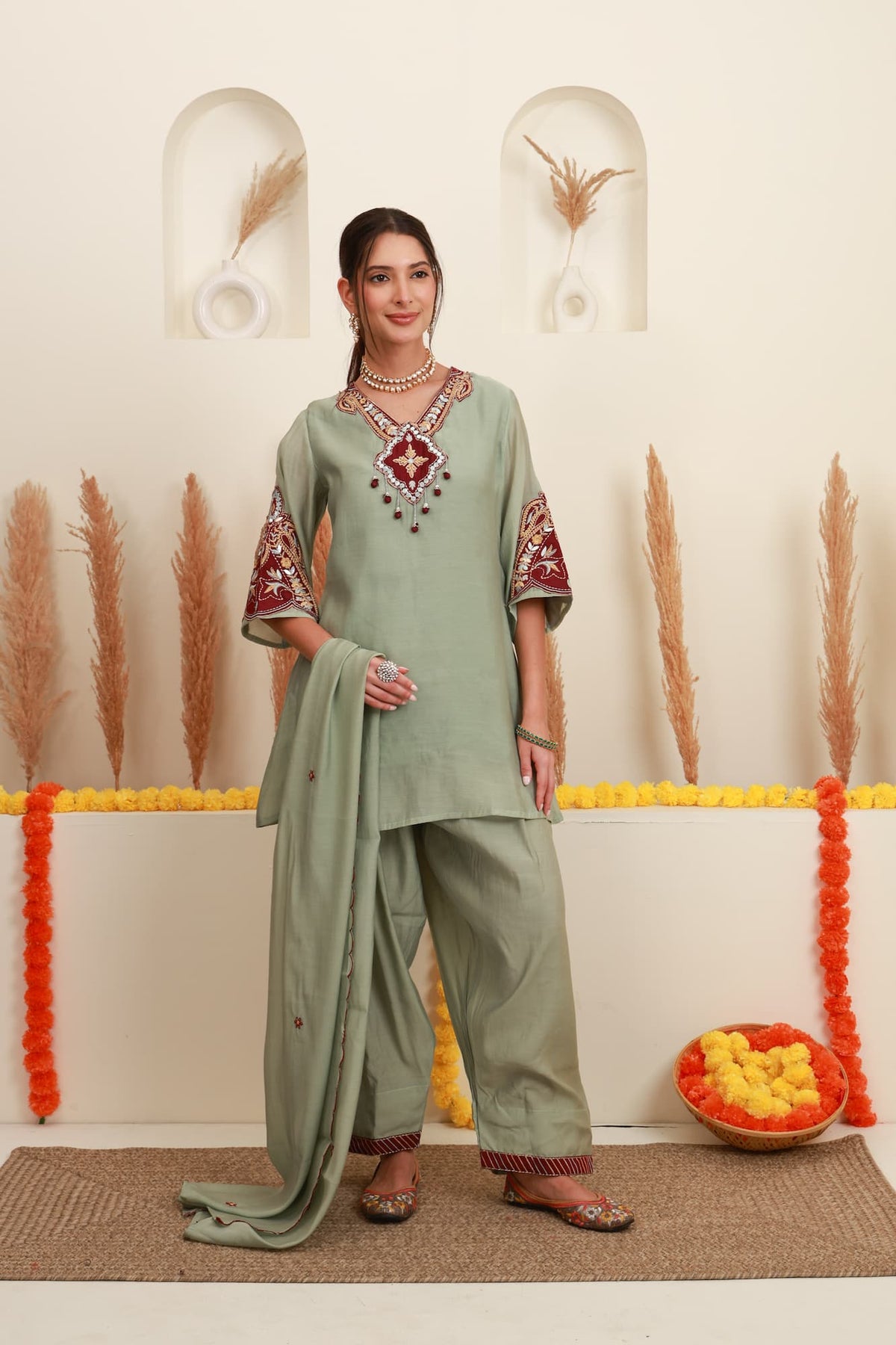 Sage Green Embroidered Kurta & Farshi Salwar Set with Dupatta