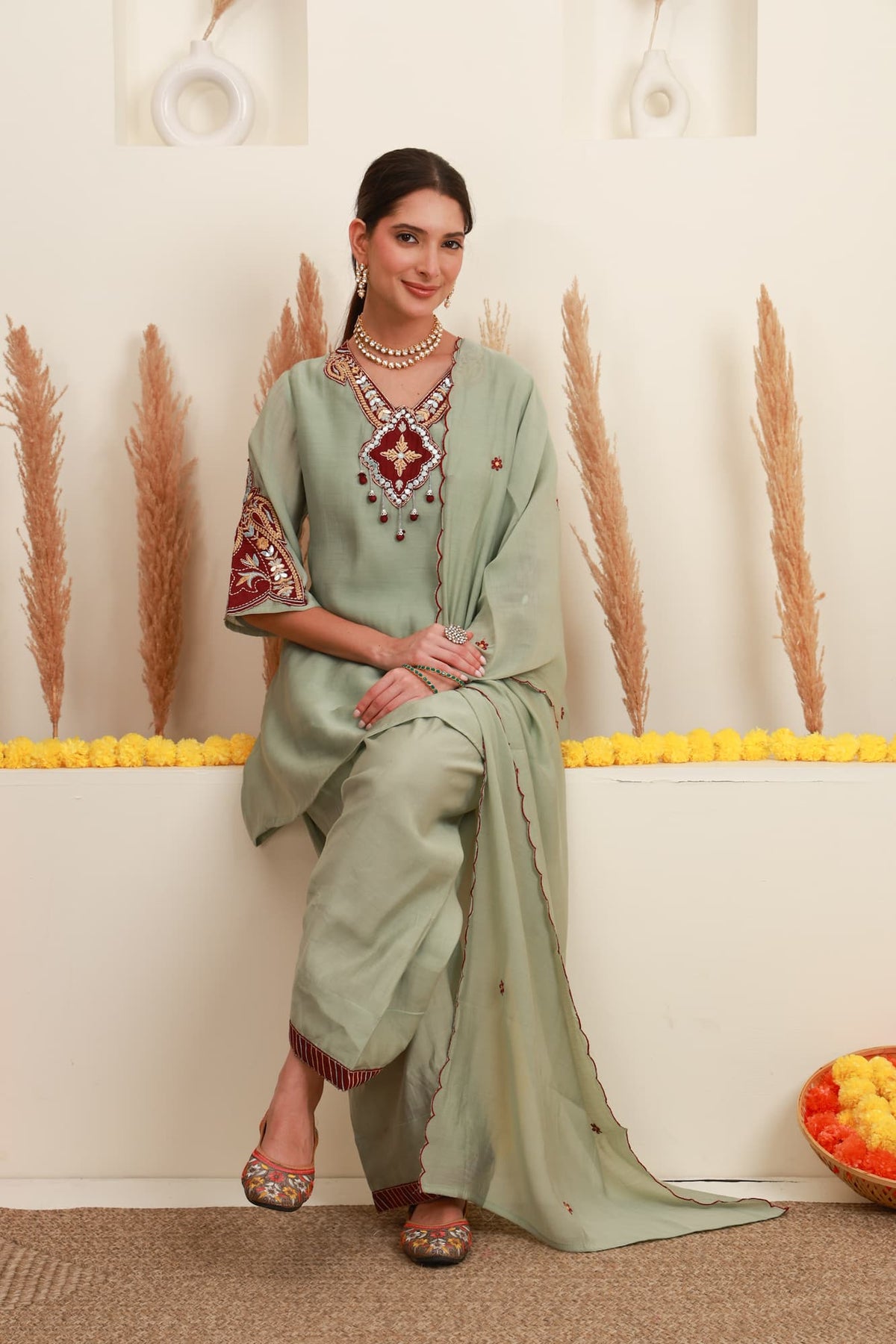 Sage Green Embroidered Kurta & Farshi Salwar Set with Dupatta