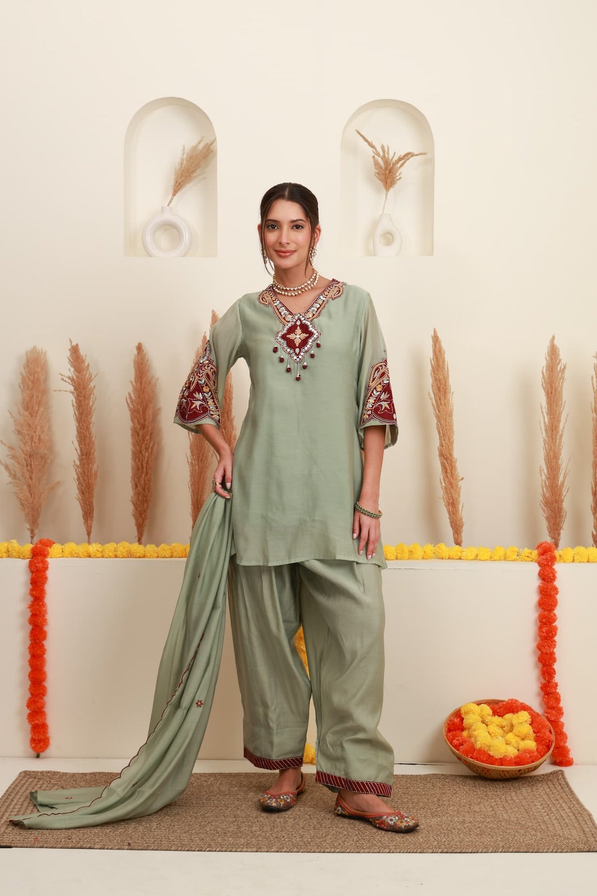 Sage Green Embroidered Kurta & Farshi Salwar Set with Dupatta
