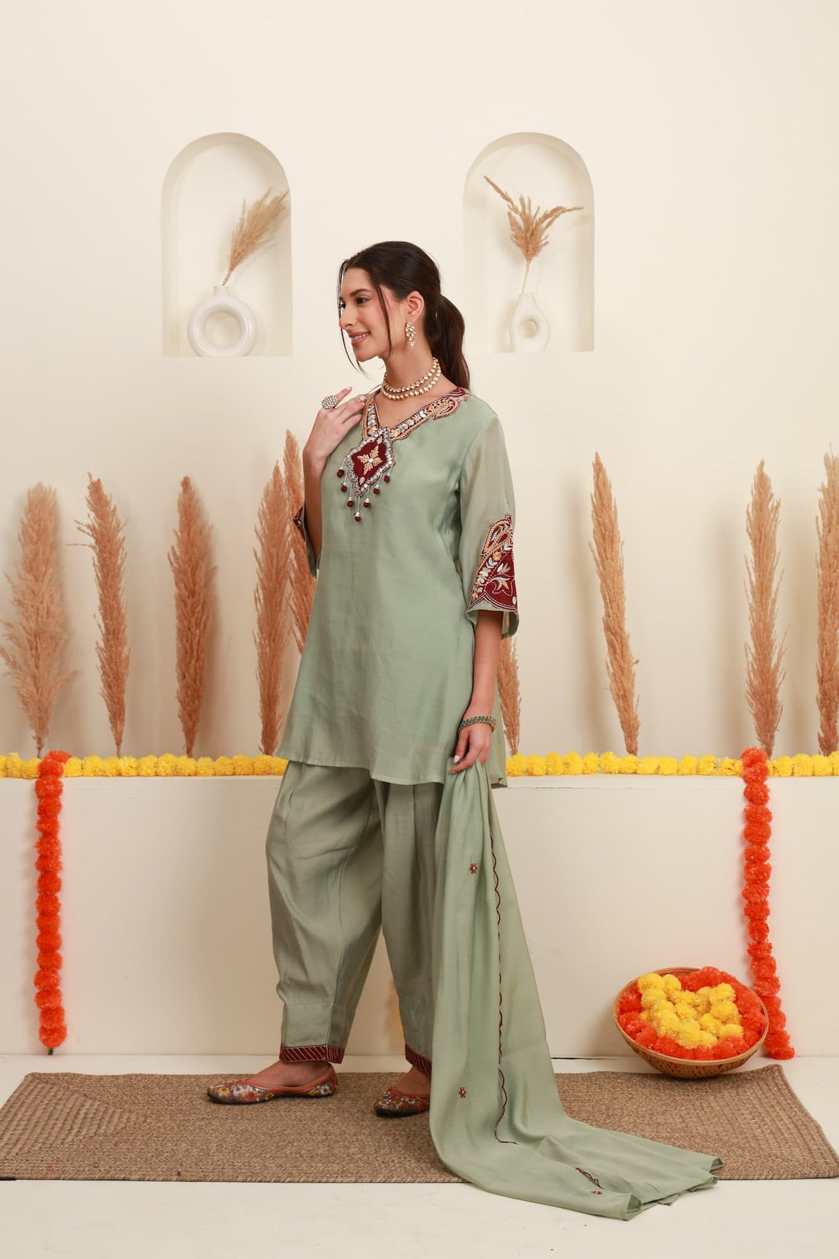 Sage Green Embroidered Kurta & Farshi Salwar Set with Dupatta