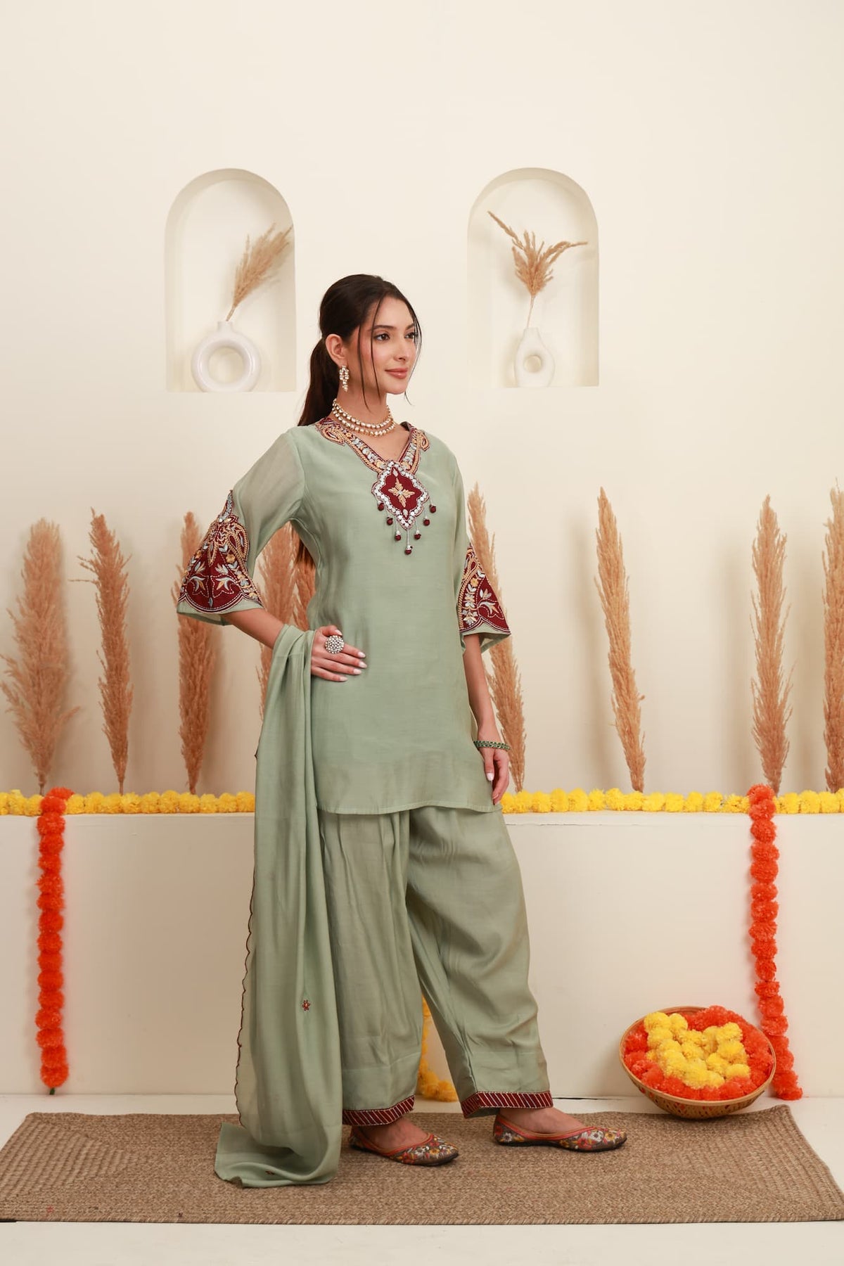 Sage Green Embroidered Kurta & Farshi Salwar Set with Dupatta