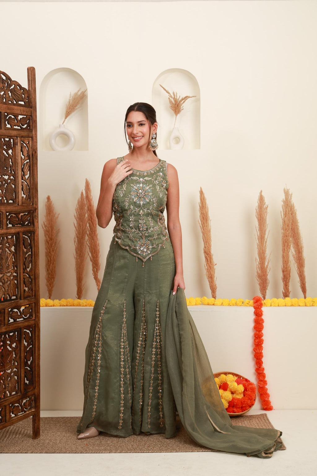 Sage green embroidered sharara set for women with dupatta