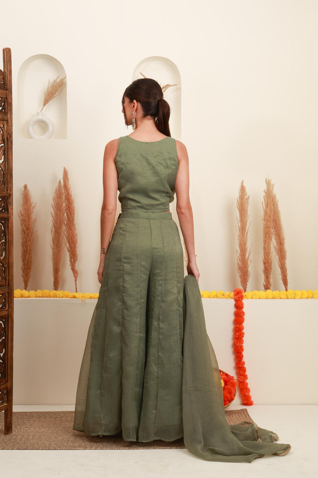 Sage Green Embroidered Sharara-Style Set with Dupatta