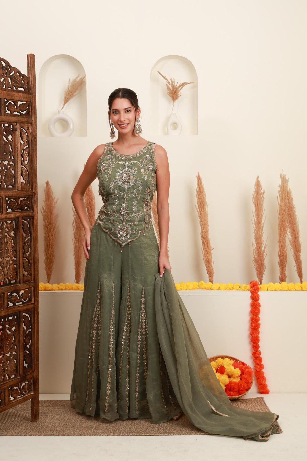 Sage Green Embroidered Sharara-Style Set with Dupatta