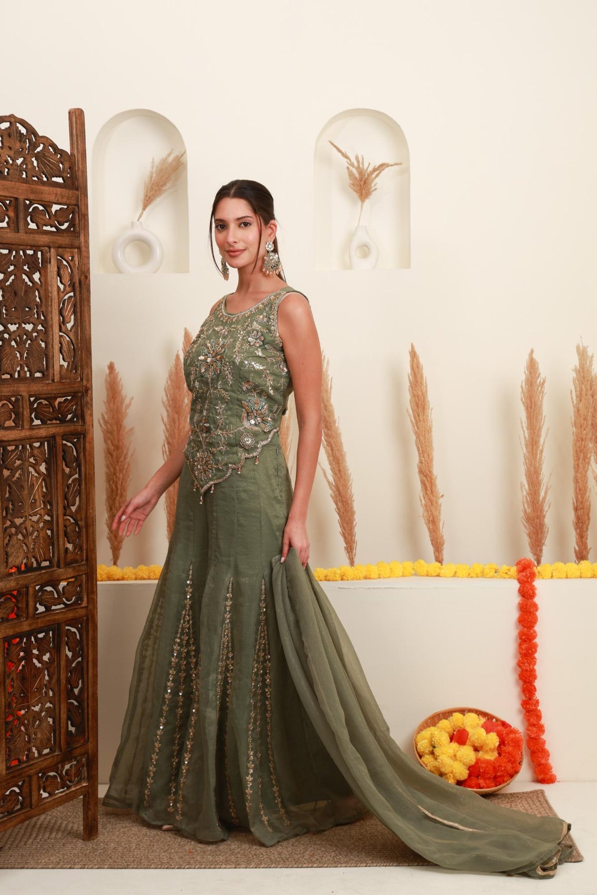 Sage Green Embroidered Sharara-Style Set with Dupatta