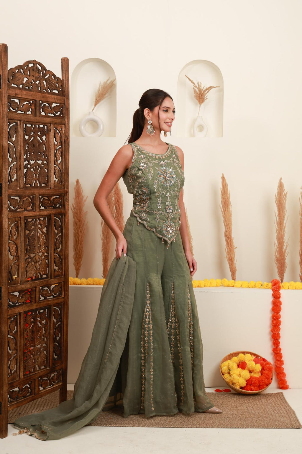 Sage Green Embroidered Sharara-Style Set with Dupatta