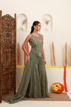 Sage Green Embroidered Sharara-Style Set with Dupatta