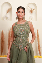 Sage Green Embroidered Sharara-Style Set with Dupatta