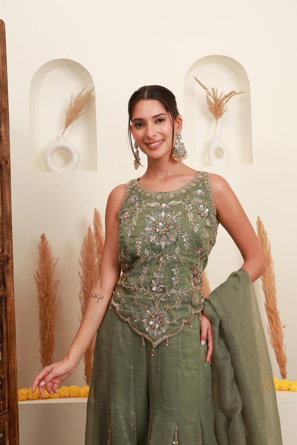 Sage Green Embroidered Sharara-Style Set with Dupatta
