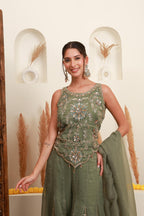 Sage Green Embroidered Sharara-Style Set with Dupatta