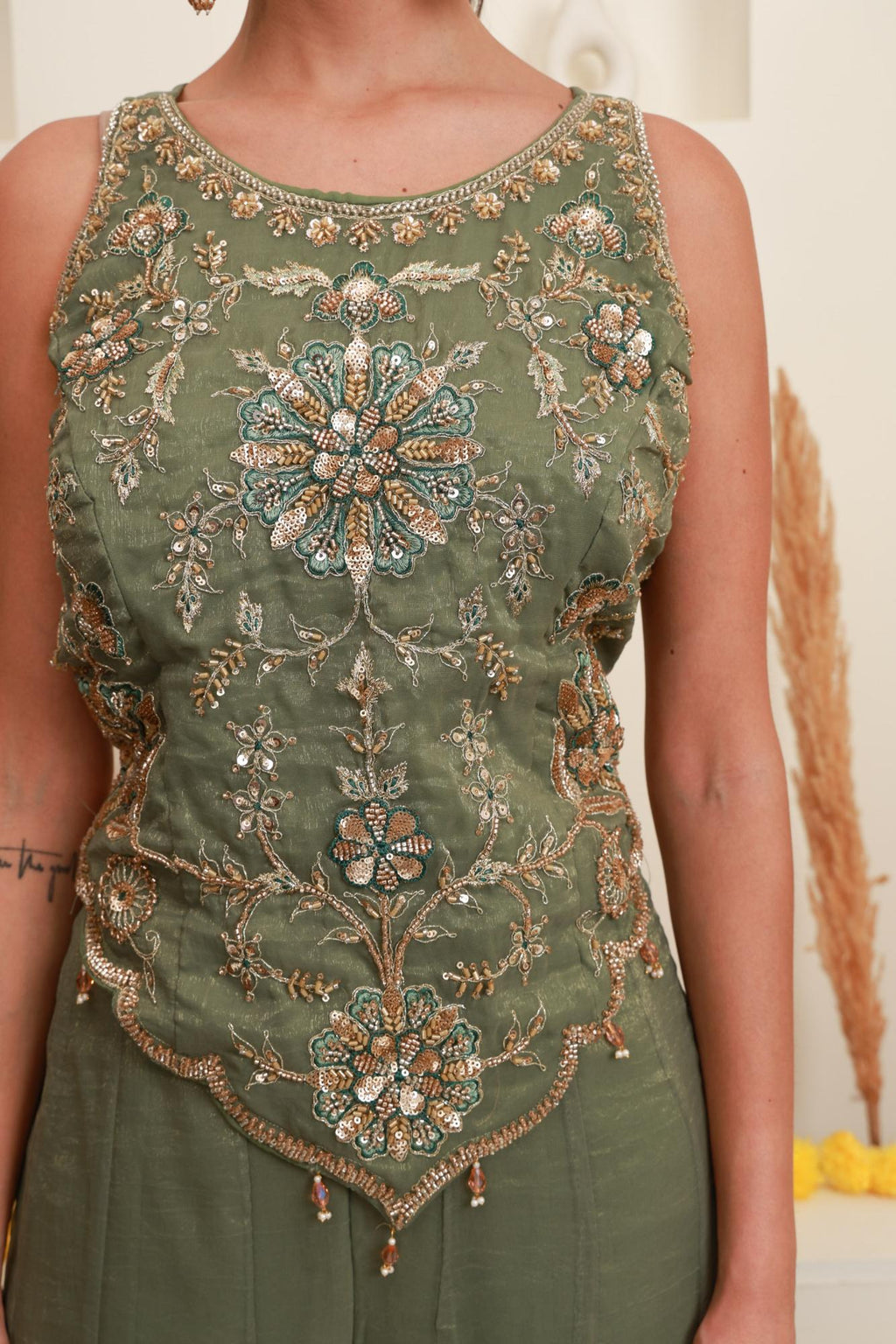 Sage Green Embroidered Sharara-Style Set with Dupatta