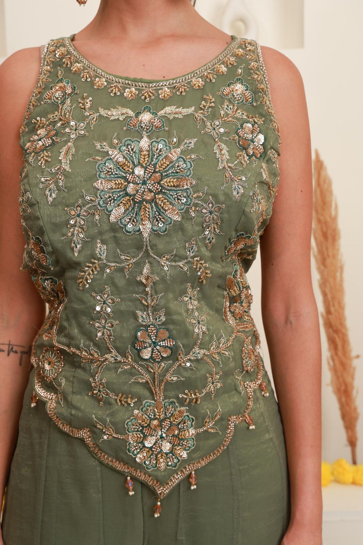 Sage Green Embroidered Sharara-Style Set with Dupatta